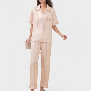 Anna-Kaci Lounge Women's Striped Pajama Set with Embroidered Bunny Detail Short Sleeve Button-Up Top and Full-Length Pants - 1 of 4