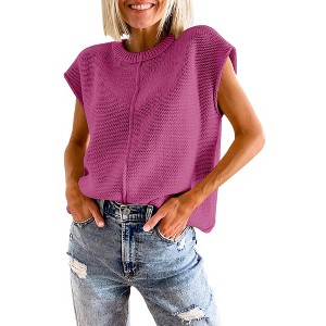 Womens Cap Sleeve Sweater Vest Crew Neck Knit Sleeveless Tank Tops Casual Lightweight Pullover Sweaters - 1 of 2