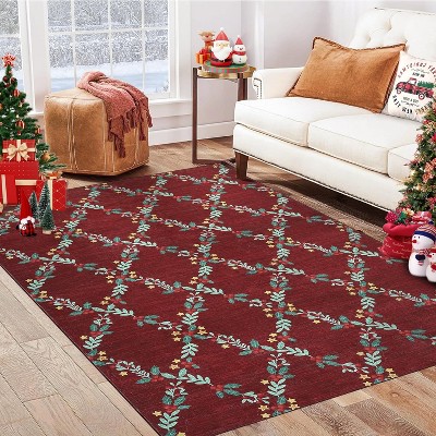 TackView Christmas Garland Print Rug, Non-Slip Hallway Rugs, Washable Low Pile Carpet Runner, Indoor Floor Mats for Laundry