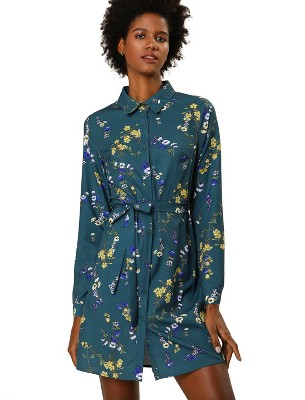 INSPIRE CHIC Women's Lapel Button Down Belted Mini Vintage Polka Dots Floral Shirt Dress