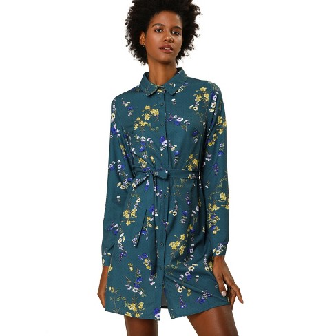 Allegra K Women's Lapel Button Down Belted Above Knee Vintage Polka Dots Floral  Shirt Dress Teal Blue Small : Target