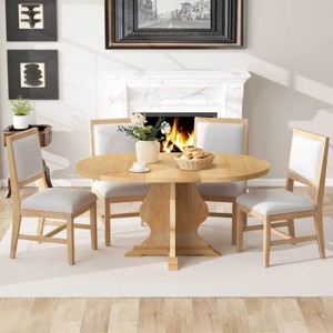 Farmhouse 5-Piece Extendable Dining Table Set with Upholstered Chairs, Wood Oval Table with 15.7" Leaf for Kitchen Dining Room-3irtyhousy - 1 of 4