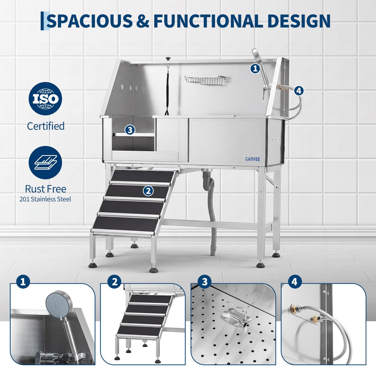 Stainless Steel Dog Washing Station with Access Stairs, Pet Grooming Bathtub Equipped with Grooming Arm, Door and Showerhead Kit - thumbnail 5