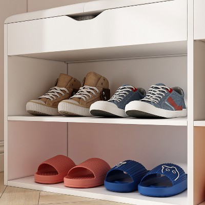 White MDF Shoe Storage Bench with Cushion and Open Shelves