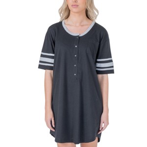 YafeMarte Women’s Short Sleeve Long Henley Nightshirt with Striped Sleeves and Pocket - 1 of 4