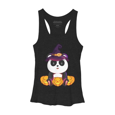 Women's Design By Humans Cute Panda Mock up Witch With Jack O Lantern Halloween T-Shirt By thebeardstudio Racerback Tank Top