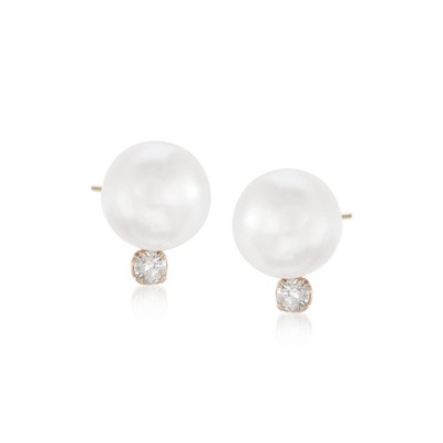 Ross-Simons 6-6.5mm Cultured Akoya Pearl and Diamond Accent Earrings in 14kt Yellow Gold