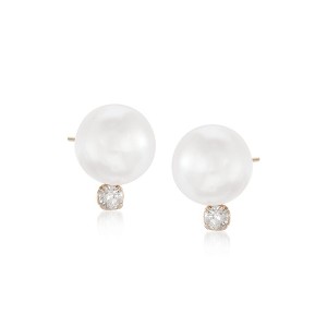 Ross-Simons 6-6.5mm Cultured Akoya Pearl and Diamond Accent Earrings in 14kt Yellow Gold - 1 of 3