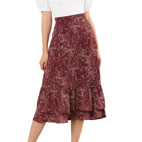 Allegra K Women's Printed Skirt Chiffon Elastic Waist Ruffle Tiered ...