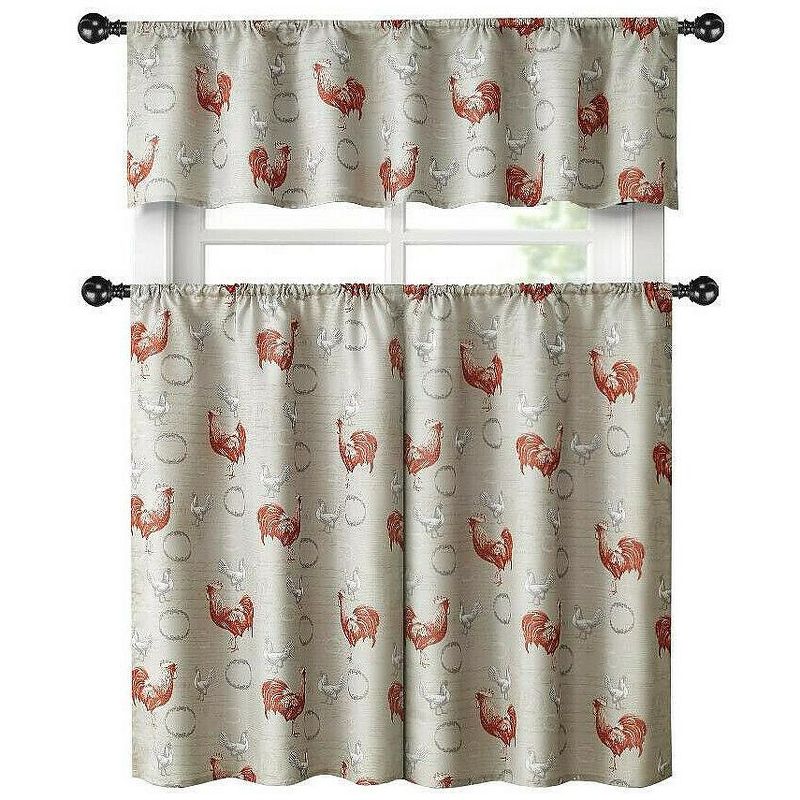 Kate Aurora Living Country Farmhouse Red Rooster Barn 3 Piece Kitchen Curtain Tier & Valance Set - 56 in. W x 15 in. L, 1 of 3