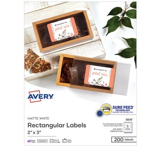 Avery Printable Rectangular Labels with Sure Feed, 2" x 3", Matte White, Permanent Adhesive, Laser & Inkjet Printers, 200 Blank Labels (5619) - 1 of 4