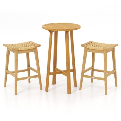 Tangkula 3 Piece Patio Bar Set Round Cocktail Table w/ 2 Rattan Saddle Stools