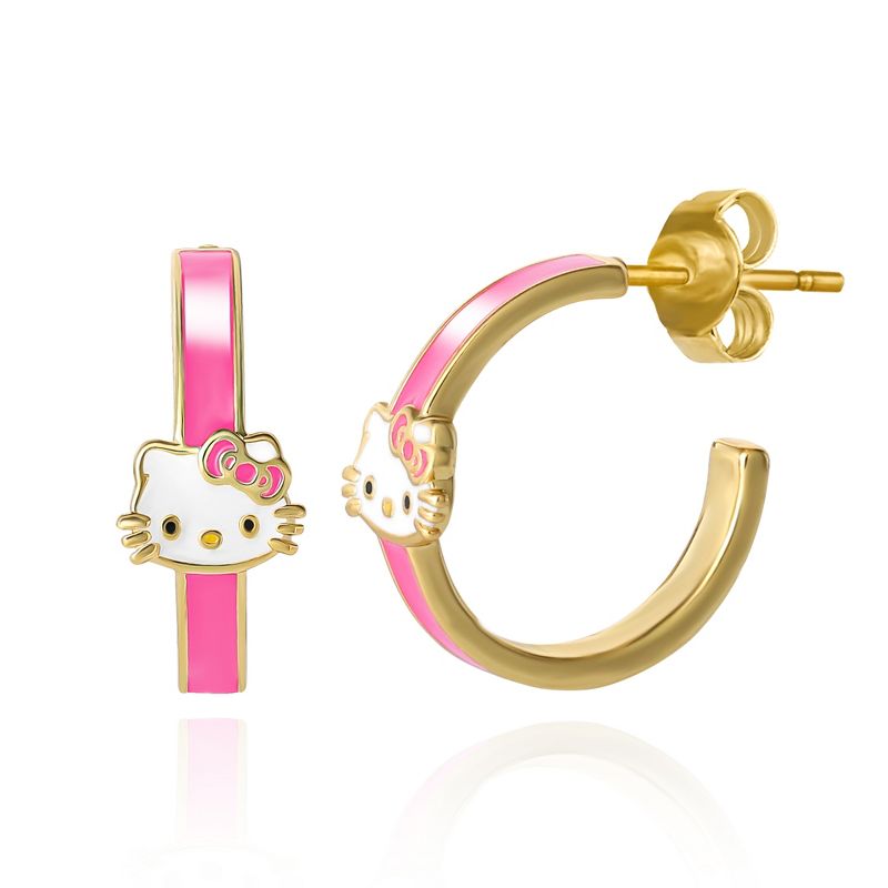 Sanrio Hello Kitty Brass Flash Yellow Gold Plated Enamel Post Hoop Earrings - Pink Enamel, 1 of 4