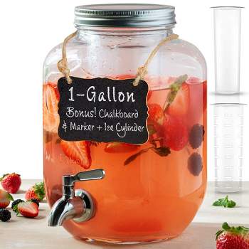 Le'raze 1 Gallon Glass Mason Jar Drink Dispenser with Stainless Steel Spigot, Ice Cylinder, Fruit Infuser + Marker & Chalkboard