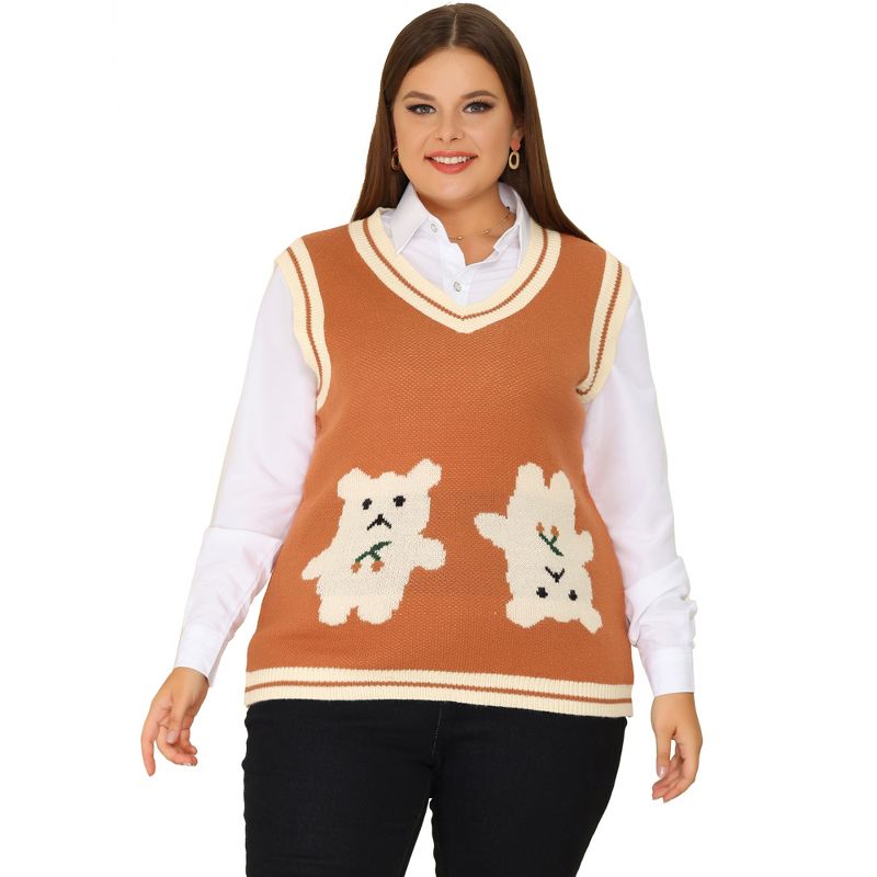 Agnes Orinda Women's Plus Size V Neck Bear Knit Sleeveless Pullover Sweaters Vest, 3 of 6