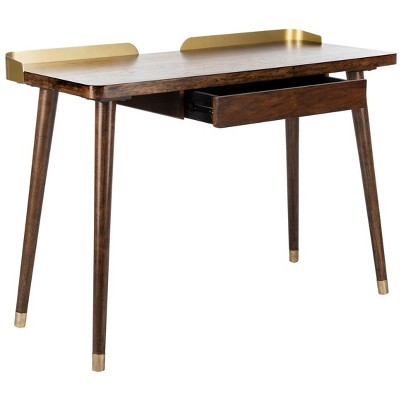 Walnut and Gold Transitional Home Office Desk with Drawer