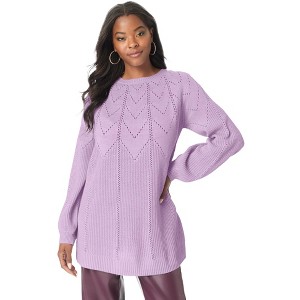 Roaman's Women's Plus Size Pointelle Yoke Crewneck Sweater - 1 of 4