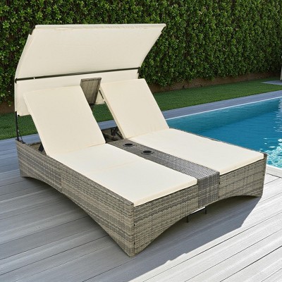 Outdoor Patio Rattan Daybed Sunbed with Canopy and Adjustable Backrest, Storage Box and 2 Cup Holders