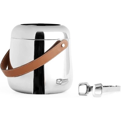 Nambe Tahoe Ice Bucket with Tongs & Lid, Insulated Stainless Steel, Leather Handle, Holder/Cooler for Parties, Bar Cart Accessory, Dishwasher Safe