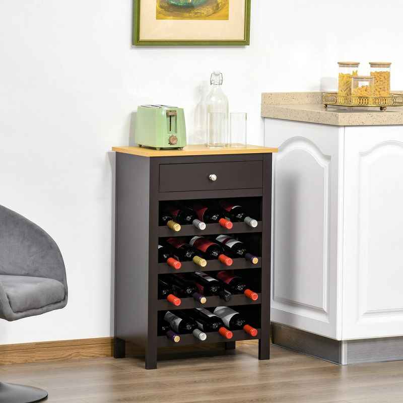 HOMCOM Modern Wine Rack, Storage Cabinet with 16-Bottle Wine Holder and Drawer for Living Room or Home Bar, Dark Brown, 3 of 7