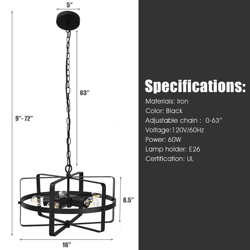 Costway 5-Light Industrial Pendant Light Metal Drum Shape Round Chandelier Ceiling Lamp, 3 of 11