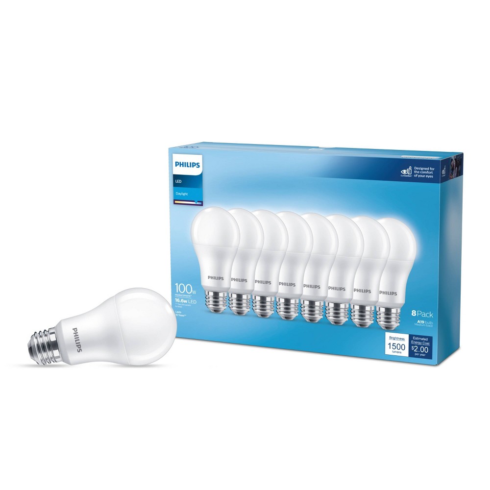 Photos - Light Bulb Philips LED 100W Frosted Daylight Non-Dim A19 8P : 1500 Lumens, 5000K, E26 Base, 10-Year Life, 8-Pack (T20)