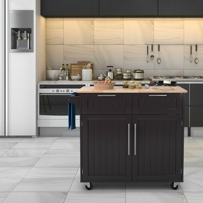 Brown Rubberwood Kitchen Cart with Storage and Casters