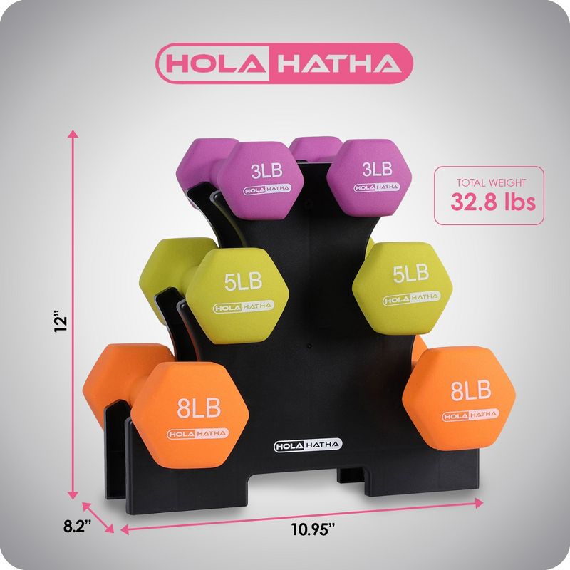 HolaHatha Hex Dumbbell Set with 3lbs., 5lbs. and 8lbs. Hand Weights and Storage Rack, 4 of 7