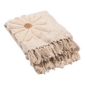 Storied Home Cotton Slub Throw with Tufted Flowers and Fringe, Natural and Tan Color - 1 of 4