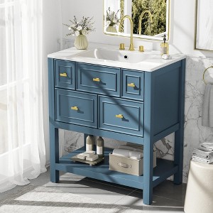 Wooakway 30"L Blue Freestanding Bathroom Vanity with Ceramic Sink 5 Drawers Solid Wood Frame - 1 of 4