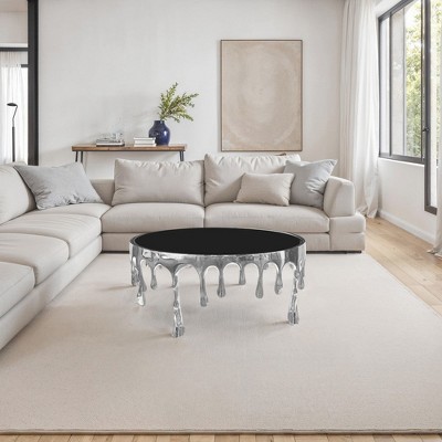 Royal Hampton Coffee Table | 36 Inch Round Glass Top | Melting Drip Design | Silver