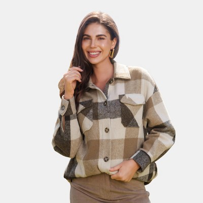 Women's Tan Plaid Collared Plaid Shacket with Fuzzy Lining - Cupshe