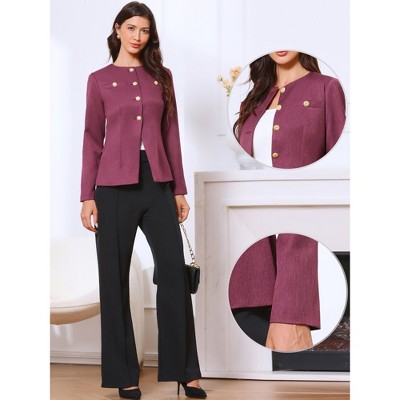 INSPIRE CHIC Women's Elegant Work Blazer Collarless Button Down Long Sleeve Peplum Jackets Purple X-Small — фото 2
