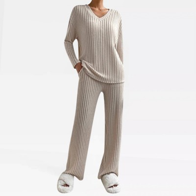 Soft Lounge Sets for Women 2 Piece Rib Texture Knit Pajama Sets Long V Neck Tops with Pull On Pants Fall/Winter Lounge Outfits Cozy Pajama Sets