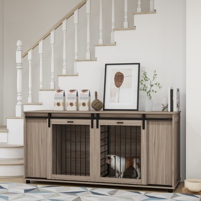 71" Dog Crate Furniture with Divider for 2 Small Dogs or 1 Large Dog, Wooden Kennel End Table with Storage and Double Sliding Door - LAOTIES