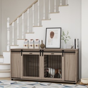71" Dog Crate Furniture with Divider for 2 Small Dogs or 1 Large Dog, Wooden Kennel End Table with Storage and Double Sliding Door - LAOTIES - 1 of 4