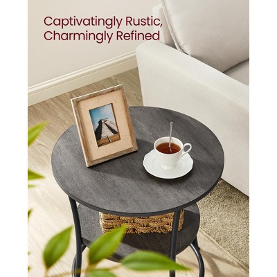 Misty Gray and Ink Black Round Metal Side Table with Storage Shelves