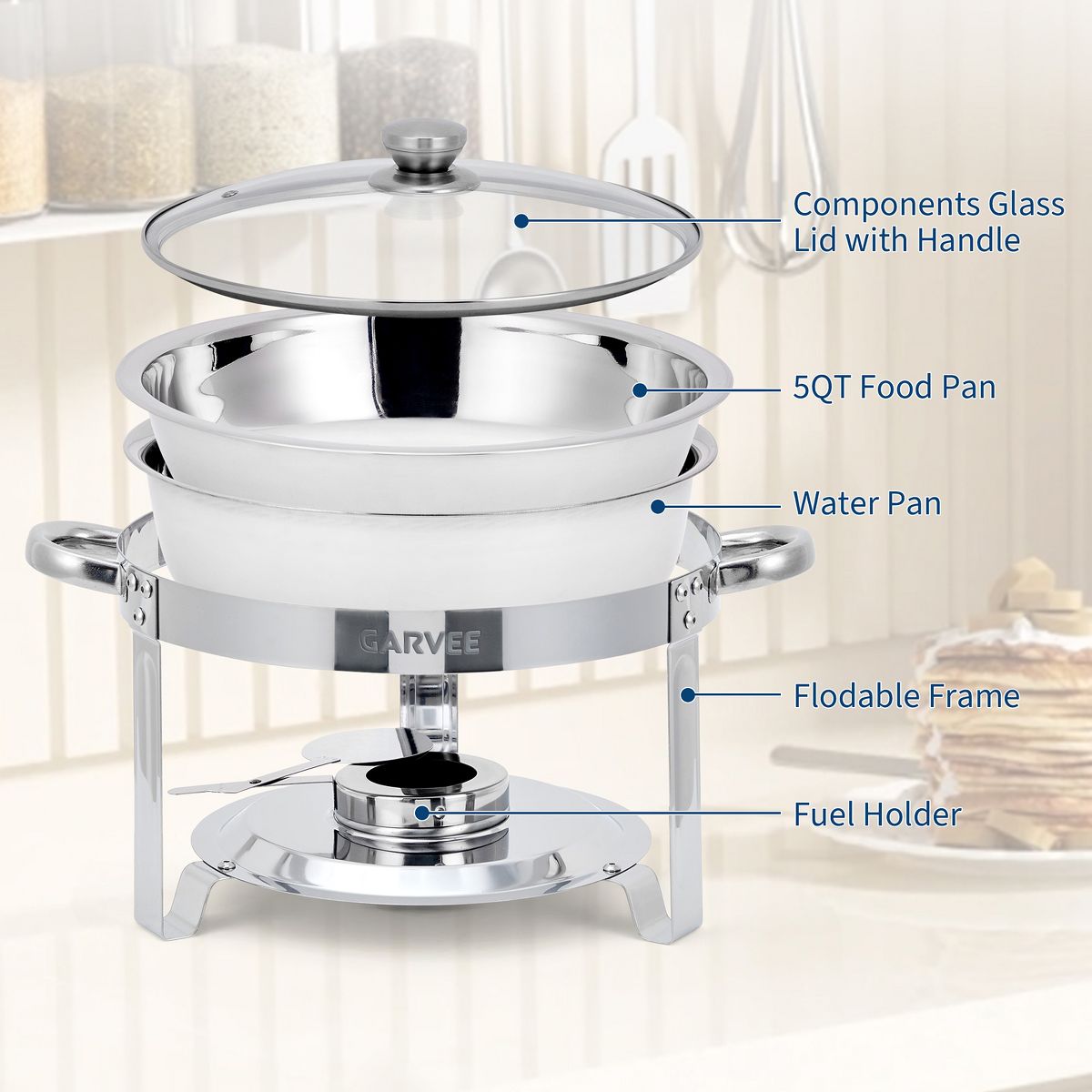 5 QT Round Chafing Dishes for Buffet, Stainless Steel Food Warmer Set with Glass Lid, Food & Water Pans, Fuel Holder for Weddings Parties Catering - thumbnail 3