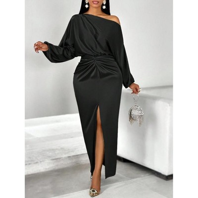 Mocamel Ladies' Unique Elegant Solid Knot Front Button Split Tight One-Shoulder Asymmetric Collar Formal Evening Gown