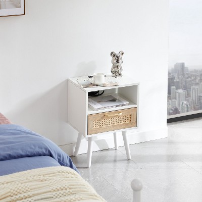 Conner 15.75" Rattan Nightstands with Drawer and Solid Wood Legs, Bedside End Table for Living Room, Bedroom, Indoor Furniture - The Pop Home