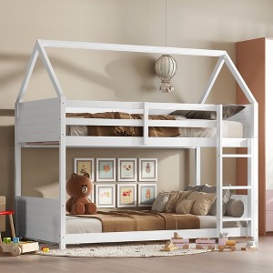 TIRAMISUBEST Twin Over Twin House Floor Bunk Bed with Headboards, Footboards and Guardrails, Ladder, Rubber Wood Bunk Bedframe with Safety Guardrails - 1 of 4