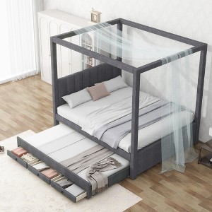 Twin/Full Size Upholstery Canopy Platform Bed with Trundle and 3 Storage Drawers-ModernLuxe - 1 of 4
