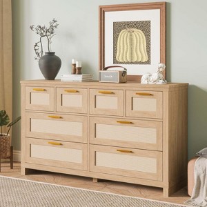 Jojoka 8-Drawer Rattan Dresser, Boho Wood Chest with Large Storage, Bedroom Closet Organizer, Living Room Storage Cabinet - 1 of 4