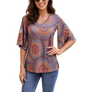 Women's 3/4 Bell Sleeve Shirt Loose Fit V Neck Blouse Cute Tops - 1 of 4