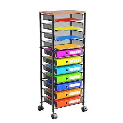 Simple Trending 12 Tier Rolling File Cart,Wood Desk File Organizer with Sliding Trays and Storage Multifunctional Rolling Clutter Cart, Black
