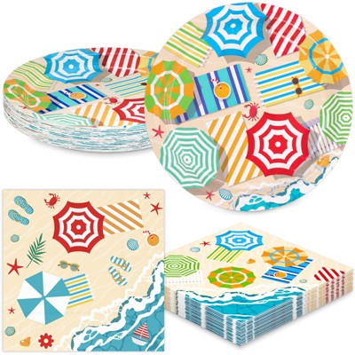 DYLIVeS Summer Beach Party Decorations,Hawaiian Beach Umbrella Paper Plates Luncheon Cocktail Napkins Disposable Summer Pool Birthday Party Supplies