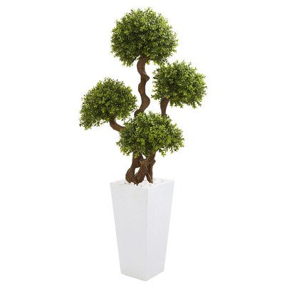 Nearly Natural 55-in Four Ball Boxwood Artificial Topiary Tree in Tall White Planter