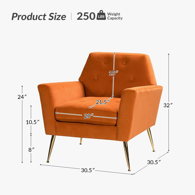 Maris Velvet Tufted  Living Room Armchair with Metal Base and angular frame backrest  | Karat Home, 4 of 11