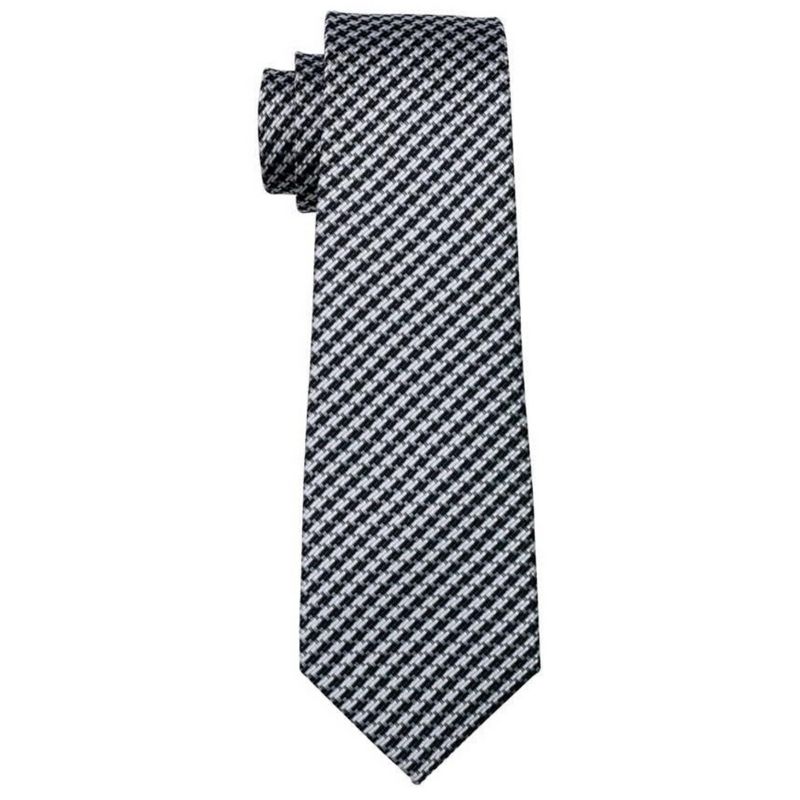Men's Black And White Houndstooth Plaid 100% Silk Neck Tie With Matching Hanky And Cufflinks Set, 3 of 5