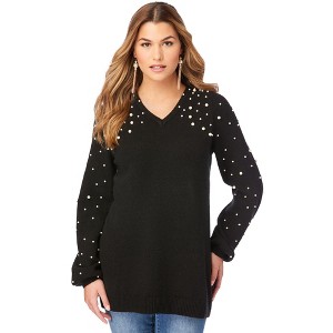 Roaman's Women's Plus Size Embellished Pullover Sweater With Blouson Sleeves - 1 of 4